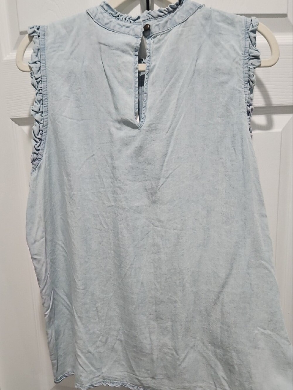 Light Blue Chambray Ruffle Trim Sleeveless Top - Picture 8 of 9